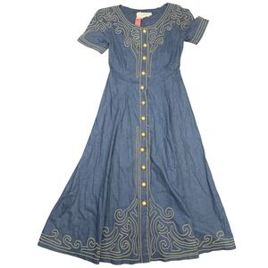 Vintage Marie St Claire Linen Embroidered Button Front Midi Dress Size 4